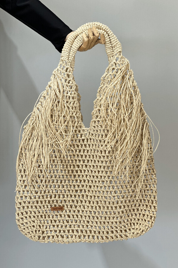 Embroidered Woven Beach Bag Beige - Thumbnail