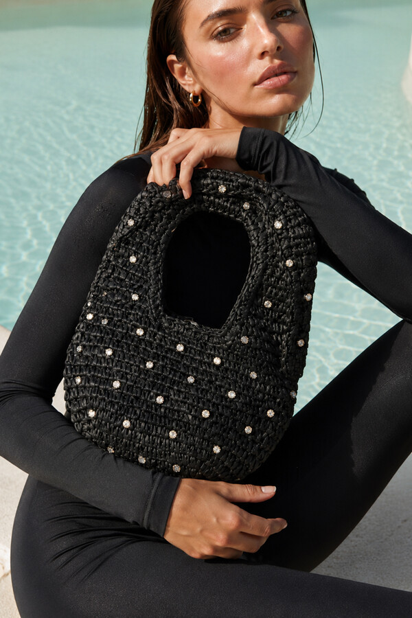 Embroidered Woven Beach Bag with Stone Details - Thumbnail