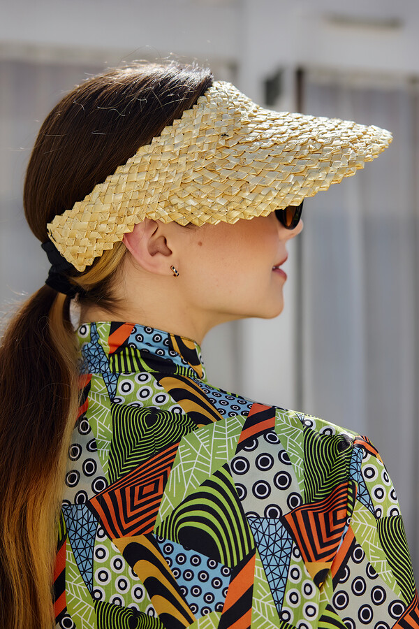 Embroidered Woven Straw Visor Hat - Thumbnail