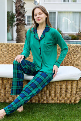 Remsa - Emerald Green Plaid Button-Up Pajama Set