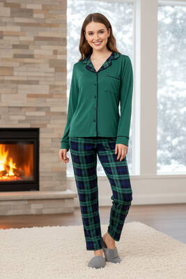 Remsa - Emerald Green Plaid Button-Up Pajama Set (1)