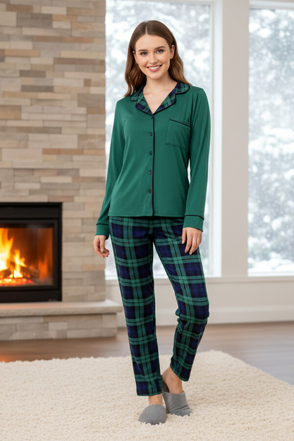 Emerald Green Plaid Button-Up Pajama Set - Thumbnail