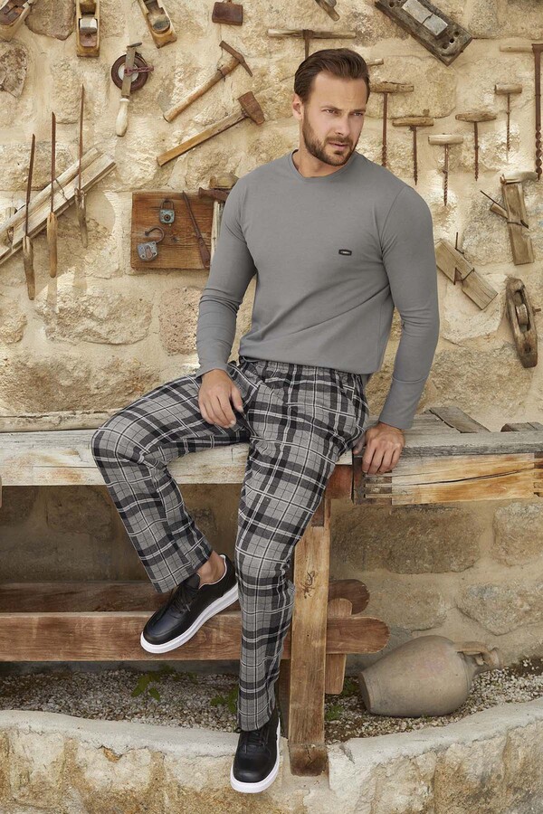 Erkek Aydoğan Jakar Uzun Kol Pijama Takımı 3382 Gri - Thumbnail