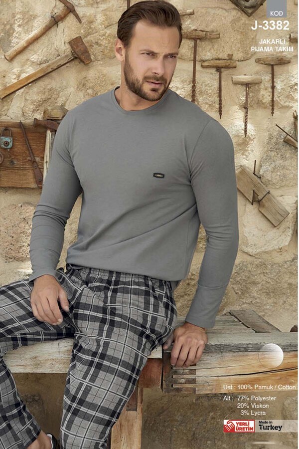 Erkek Aydoğan Jakar Uzun Kol Pijama Takımı 3382 Gri - Thumbnail