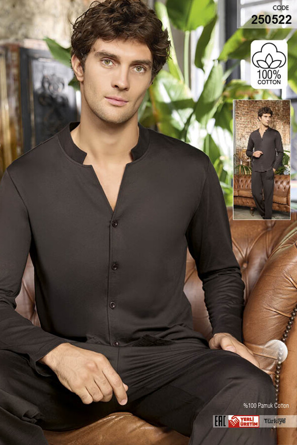 Erkek Aydoğan Suprem Uzun Kol Pijama Takımı 250522 Kahverengi - Thumbnail