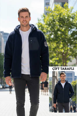 Remsa - Erkek Çift Taraflı Kapüşonlu Peluş Mont Ceket 25725 Koyu Lacivert