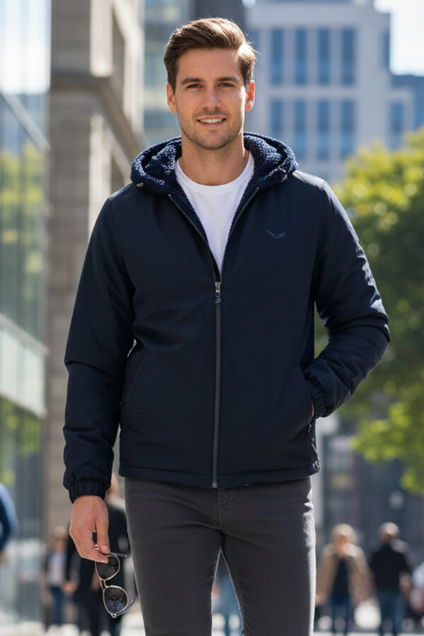 Erkek Çift Taraflı Kapüşonlu Peluş Mont Ceket 25725 Koyu Lacivert - Thumbnail