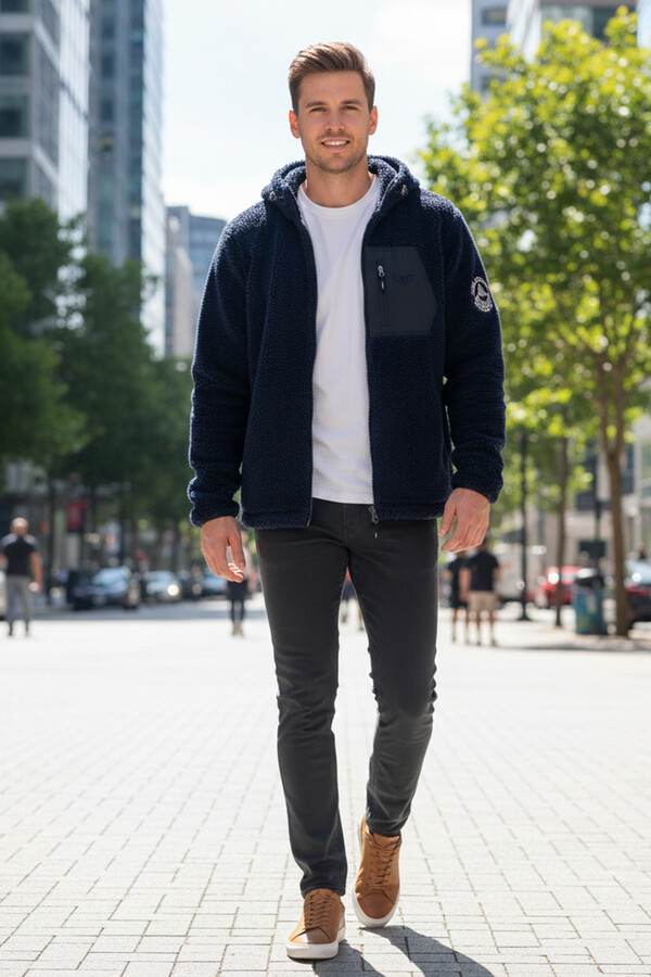 Erkek Çift Taraflı Kapüşonlu Peluş Mont Ceket 25725 Koyu Lacivert - Thumbnail