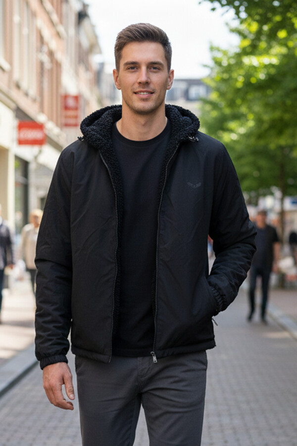 Erkek Çift Taraflı Kapüşonlu Peluş Mont Ceket 25725 Siyah - Thumbnail