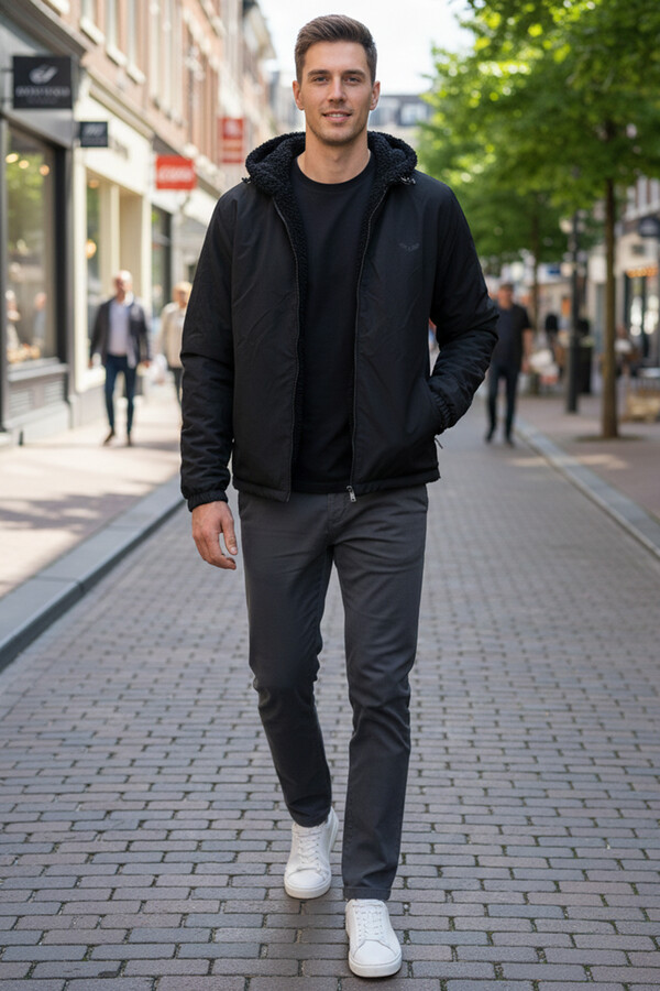 Erkek Çift Taraflı Kapüşonlu Peluş Mont Ceket 25725 Siyah - Thumbnail