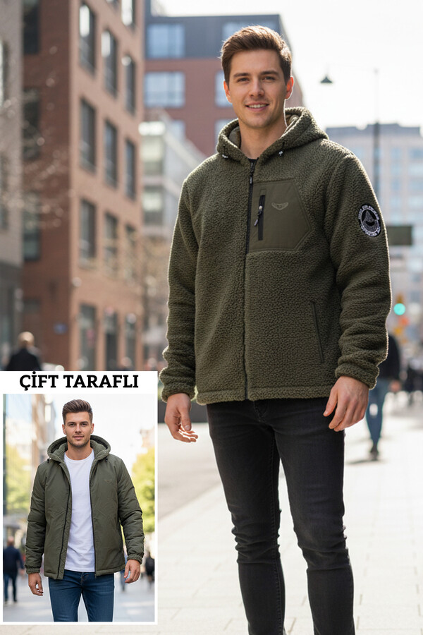 Erkek Çift Taraflı Peluş Mont Ceket 25725 Haki - Thumbnail