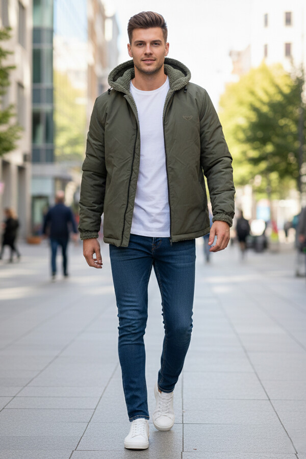 Erkek Çift Taraflı Peluş Mont Ceket 25725 Haki - Thumbnail