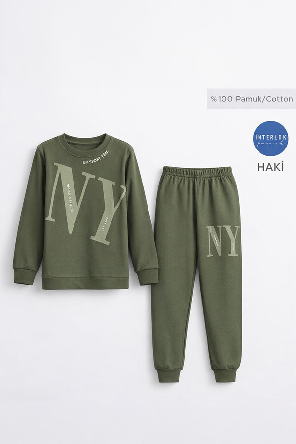 Erkek Çocuk Garson Boy Manşetli Pamuk Penye Pijama Takımı 4104 Haki01 - Thumbnail