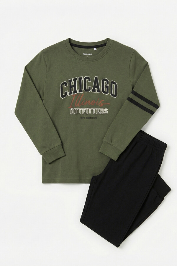 Erkek Çocuk Garson Boy Pamuk Penye Pijama Takımı 4119 Haki - Thumbnail