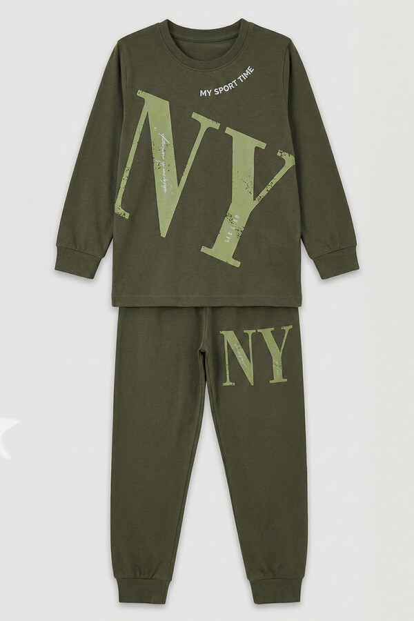 Erkek Çocuk Garson Boy Pamuk Penye Pijama Takımı 4224 Haki02 - Thumbnail