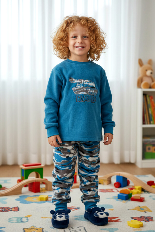 Erkek Çocuk Kadife Polar Desenli Pijama Takımı 1669 Petrol01 - Thumbnail