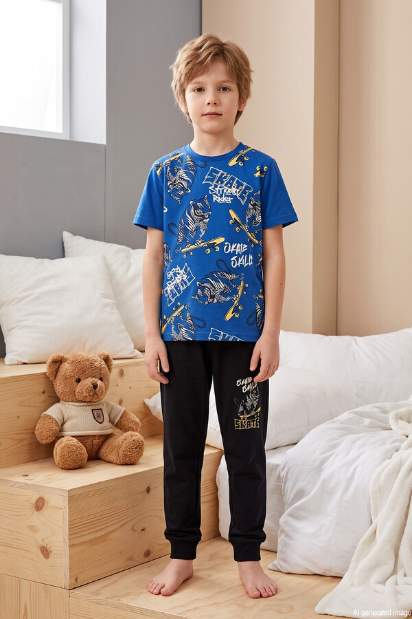Erkek Çocuk Kısa Kol Penye Pijama Takımı 3973 Saks - Thumbnail