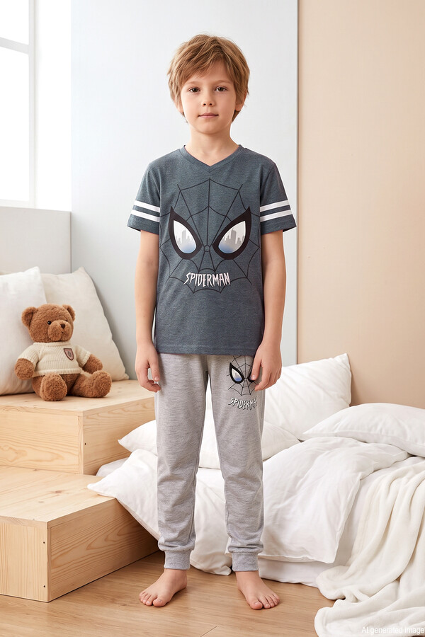Erkek Çocuk Kısa Kol Şortlu Penye Pijama Takımı 4305 İndigo - Thumbnail
