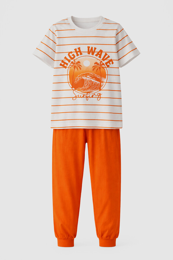 Erkek Çocuk Pamuk Penye Pijama Takımı 4277 Turuncu - Thumbnail