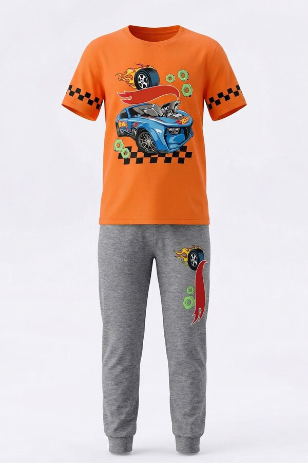 Erkek Çocuk Pamuk Penye Pijama Takımı 4294 Turuncu - Thumbnail