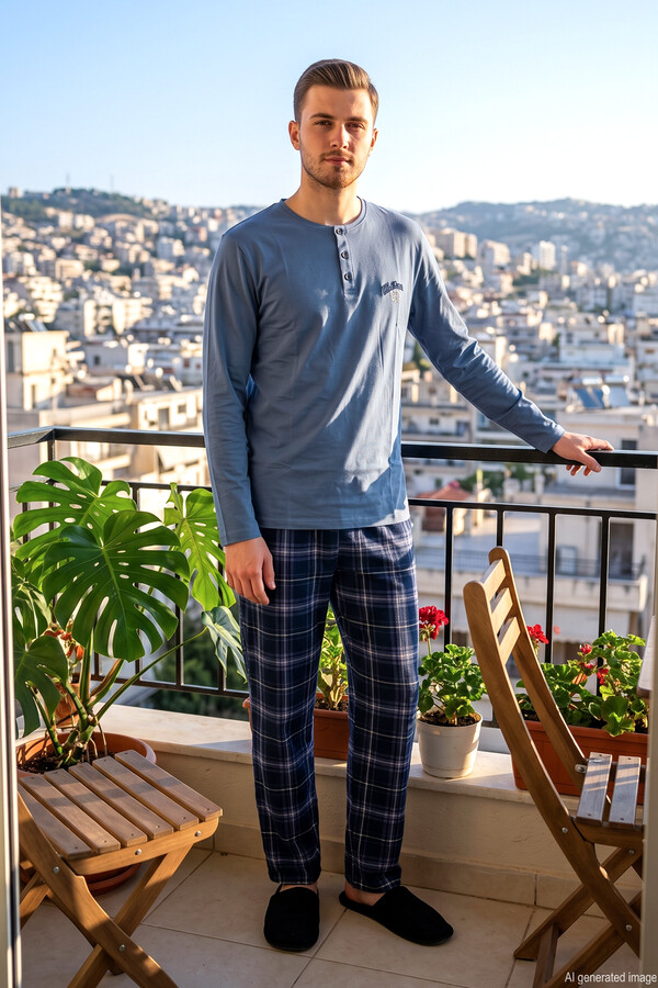 Erkek Ekose Desen Suprem Pijama Takımı 2318 Mavi - Thumbnail