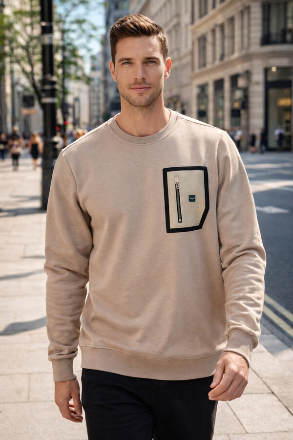 Erkek Fermuar Detay Bisiklet Yaka Pamuklu Sweatshirt 24722 Bej - Thumbnail