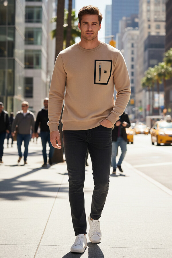 Erkek Fermuar Detay Bisiklet Yaka Pamuklu Sweatshirt 24722 Bej - Thumbnail