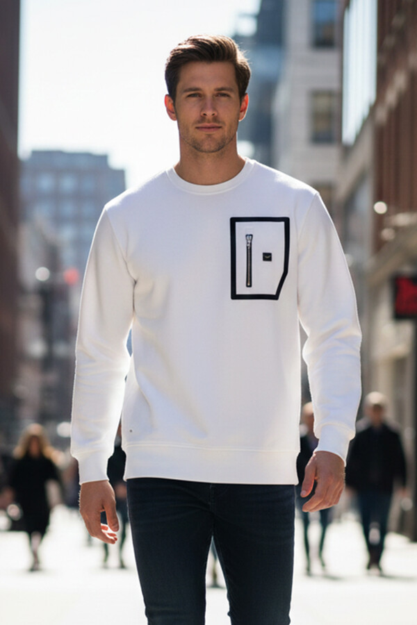 Erkek Fermuar Detay Bisiklet Yaka Pamuklu Sweatshirt 24722 Ekru - Thumbnail