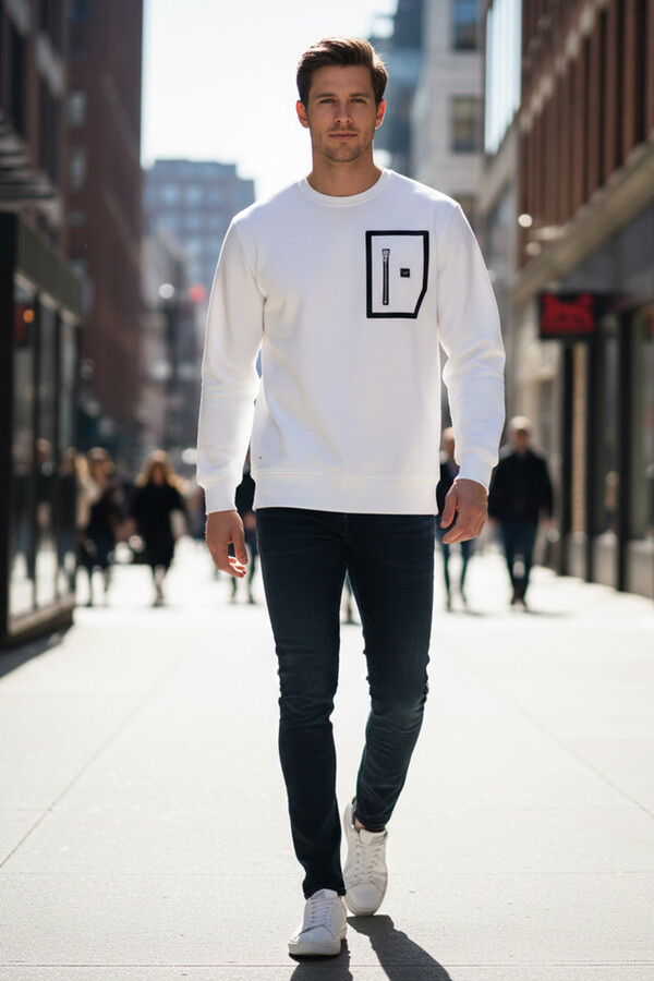 Erkek Fermuar Detay Bisiklet Yaka Pamuklu Sweatshirt 24722 Ekru - Thumbnail