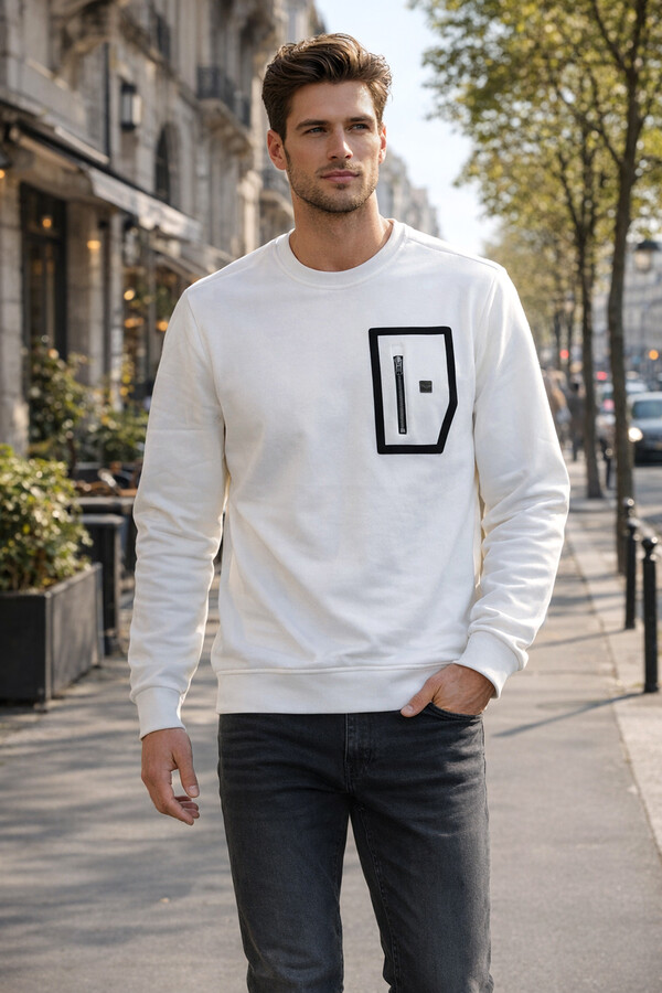 Erkek Fermuar Detay Bisiklet Yaka Pamuklu Sweatshirt 24722 Ekru - Thumbnail