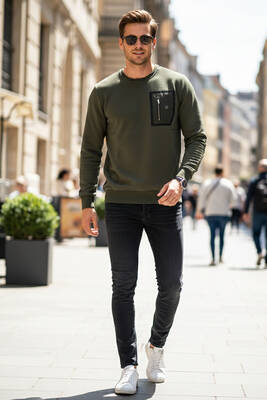 Remsa - Erkek Fermuar Detay Bisiklet Yaka Pamuklu Sweatshirt 24722 Haki (1)