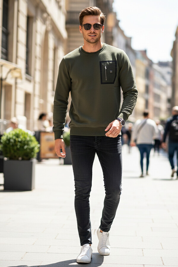 Erkek Fermuar Detay Bisiklet Yaka Pamuklu Sweatshirt 24722 Haki - Thumbnail