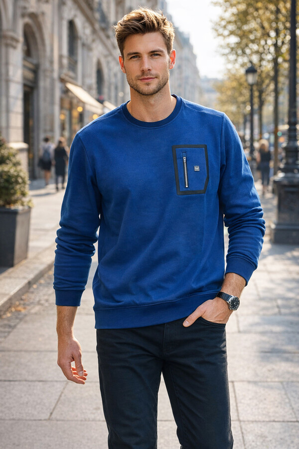 Erkek Fermuar Detay Bisiklet Yaka Pamuklu Sweatshirt 24722 İndigo - Thumbnail