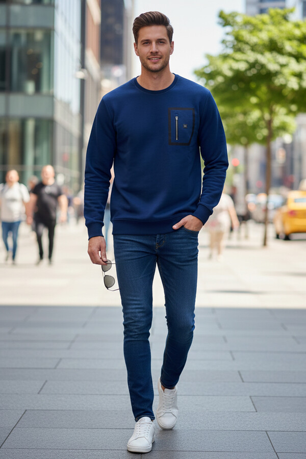 Erkek Fermuar Detay Bisiklet Yaka Pamuklu Sweatshirt 24722 İndigo - Thumbnail