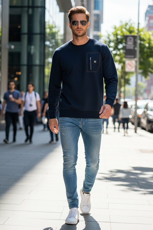 Erkek Fermuar Detay Bisiklet Yaka Pamuklu Sweatshirt 24722 Koyu Lacivert - Thumbnail