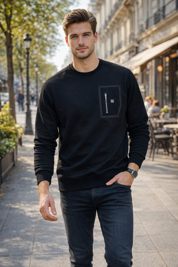 Erkek Fermuar Detay Bisiklet Yaka Pamuklu Sweatshirt 24722 Siyah - Thumbnail