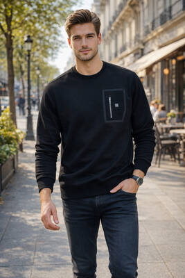 Remsa - Erkek Fermuar Detay Bisiklet Yaka Pamuklu Sweatshirt 24722 Siyah