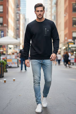 Remsa - Erkek Fermuar Detay Bisiklet Yaka Pamuklu Sweatshirt 24722 Siyah (1)