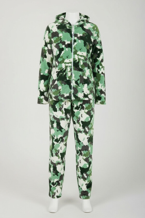 Erkek Genç Çocuk Kadife Kamuflaj Desen Pijama Takımı 240522 Yeşil - Thumbnail