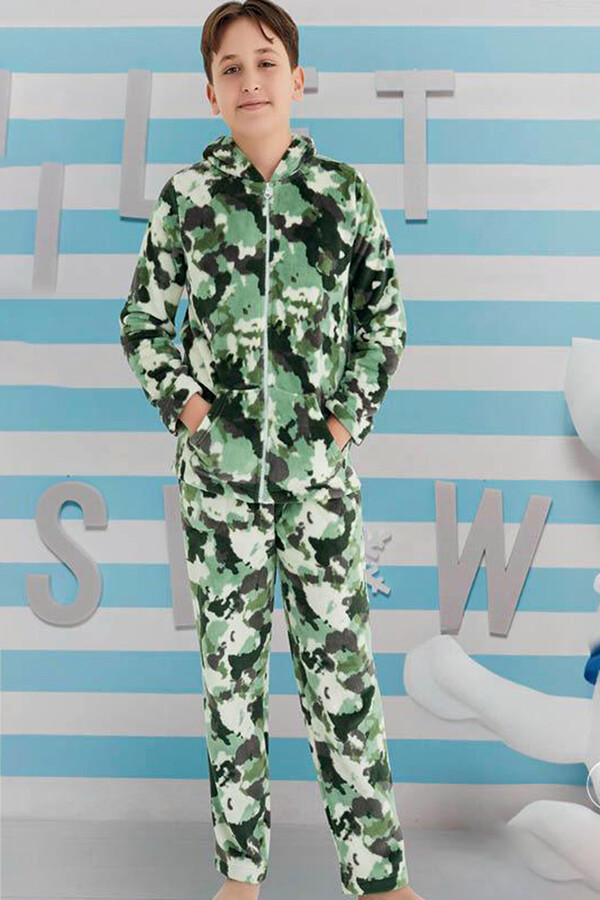 Erkek Genç Çocuk Kadife Kamuflaj Desen Pijama Takımı 240522 Yeşil - Thumbnail