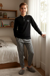 Remsa - Erkek Genç Çocuk Pamuk Penye Süprem Pijama Takımı 4204 Siyah