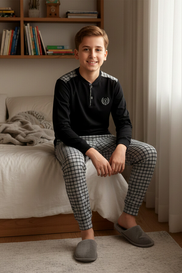 Erkek Genç Çocuk Pamuk Penye Süprem Pijama Takımı 4204 Siyah - Thumbnail