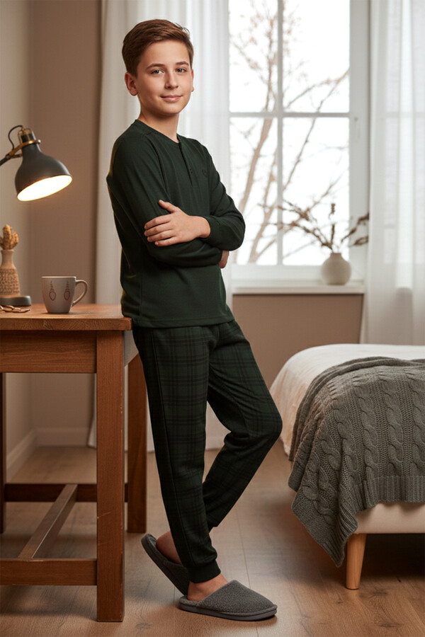 Erkek Genç Çocuk Pamuk Penye Süprem Pijama Takımı 4212 Koyu Yeşil - Thumbnail