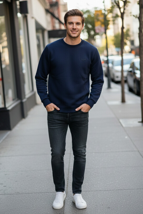 Erkek İçi Şardonlu Bisiklet Yaka Pamuklu Sweatshirt 0319 Lacivert - Thumbnail