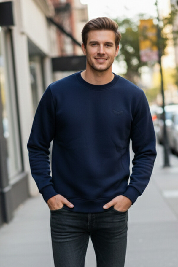 Erkek İçi Şardonlu Bisiklet Yaka Pamuklu Sweatshirt 0319 Lacivert - Thumbnail
