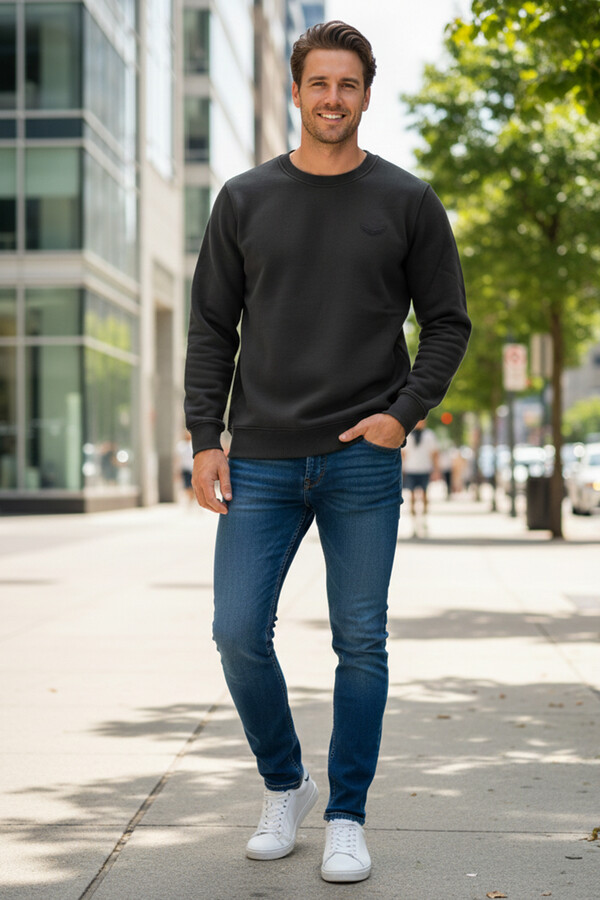 Remsa - Erkek İçi Şardonlu Bisiklet Yaka Pamuklu Sweatshirt 0319 Siyah (1)