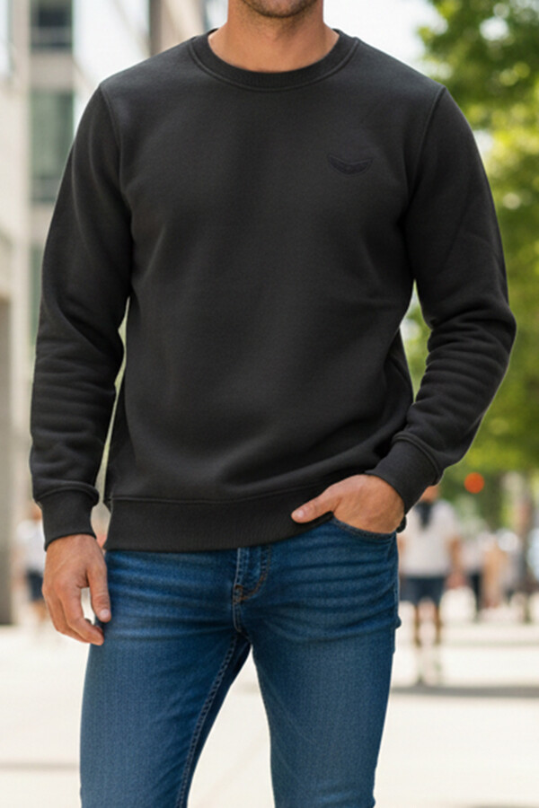 Erkek İçi Şardonlu Bisiklet Yaka Pamuklu Sweatshirt 0319 Siyah - Thumbnail