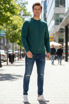 Remsa - Erkek İçi Şardonlu Bisiklet Yaka Pamuklu Sweatshirt 0319 Zümrüt Yeşil (1)