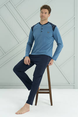 Remsa - Erkek Interlok Penye Uzun Kol Pijama Takımı 2214 Petrol01