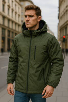 Remsa - Erkek Kapüşonlu Cep Detaylı İçi Polar Kışlık Mont 2540 Haki